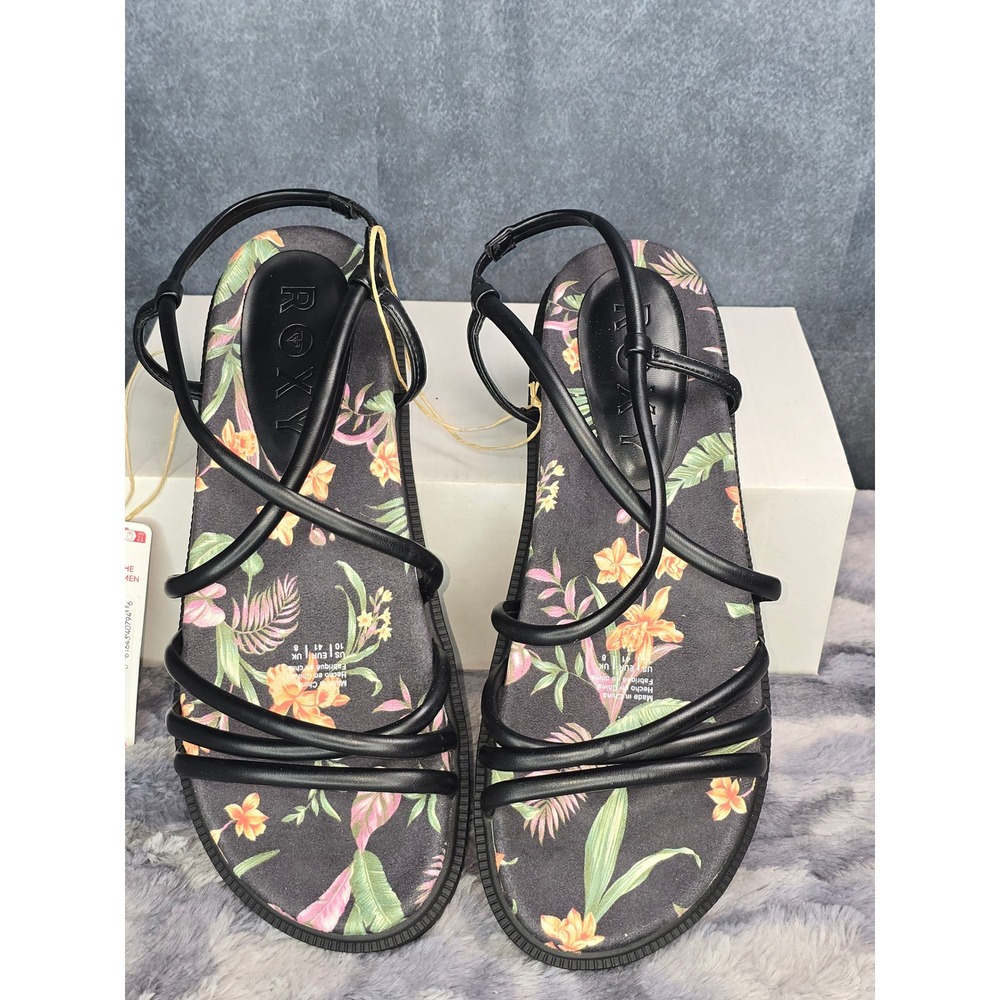NWT Roxy Brooke-005 Sandals Black Tropical Floral Strappy Lug Sole Women Size 10